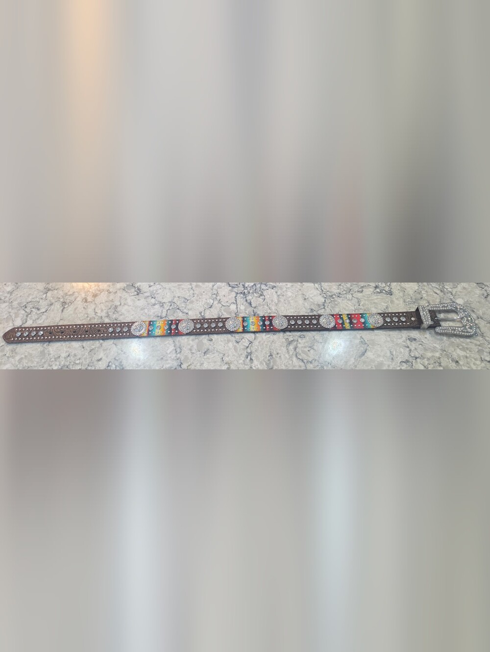 Nocona Brown Leather Concho Belt with Multicolor Serape Inlay and Silver Studs